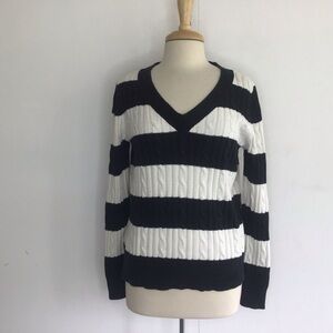 Chaps 100% Cotton Cableknit Black and White Broad Striped V-Neck Sweater Medium
